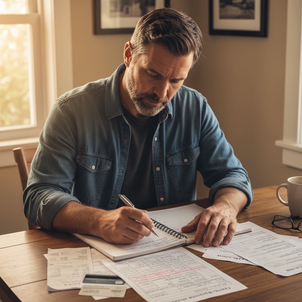Man organizing and listing all debts with notebook and financial statements at home
