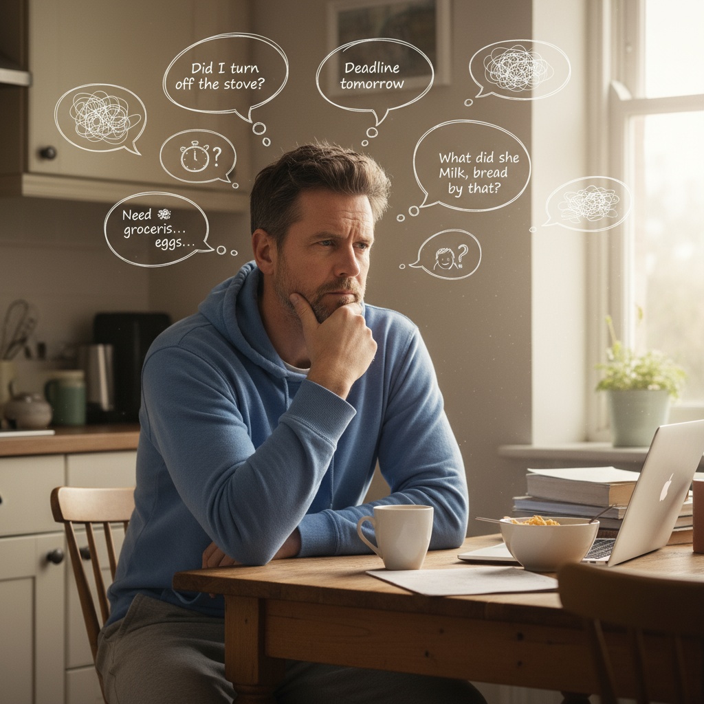 Man in his 40s with thought bubbles representing inner dialogue and self-talk in everyday home setting
