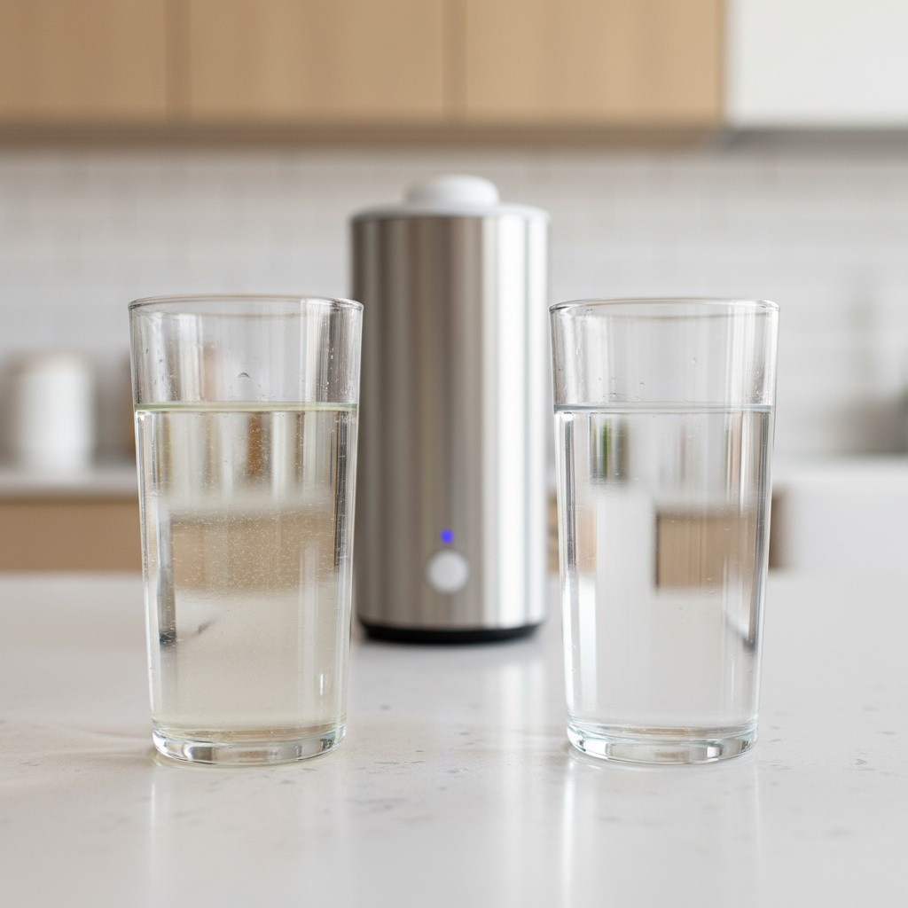 Comparison of tap water versus filtered water quality showing clarity difference