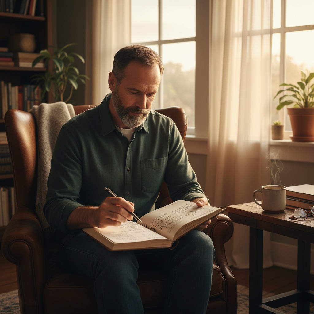 Man doing weekly reflection and reviewing journal notes - learning from the past week for continuous improvement
