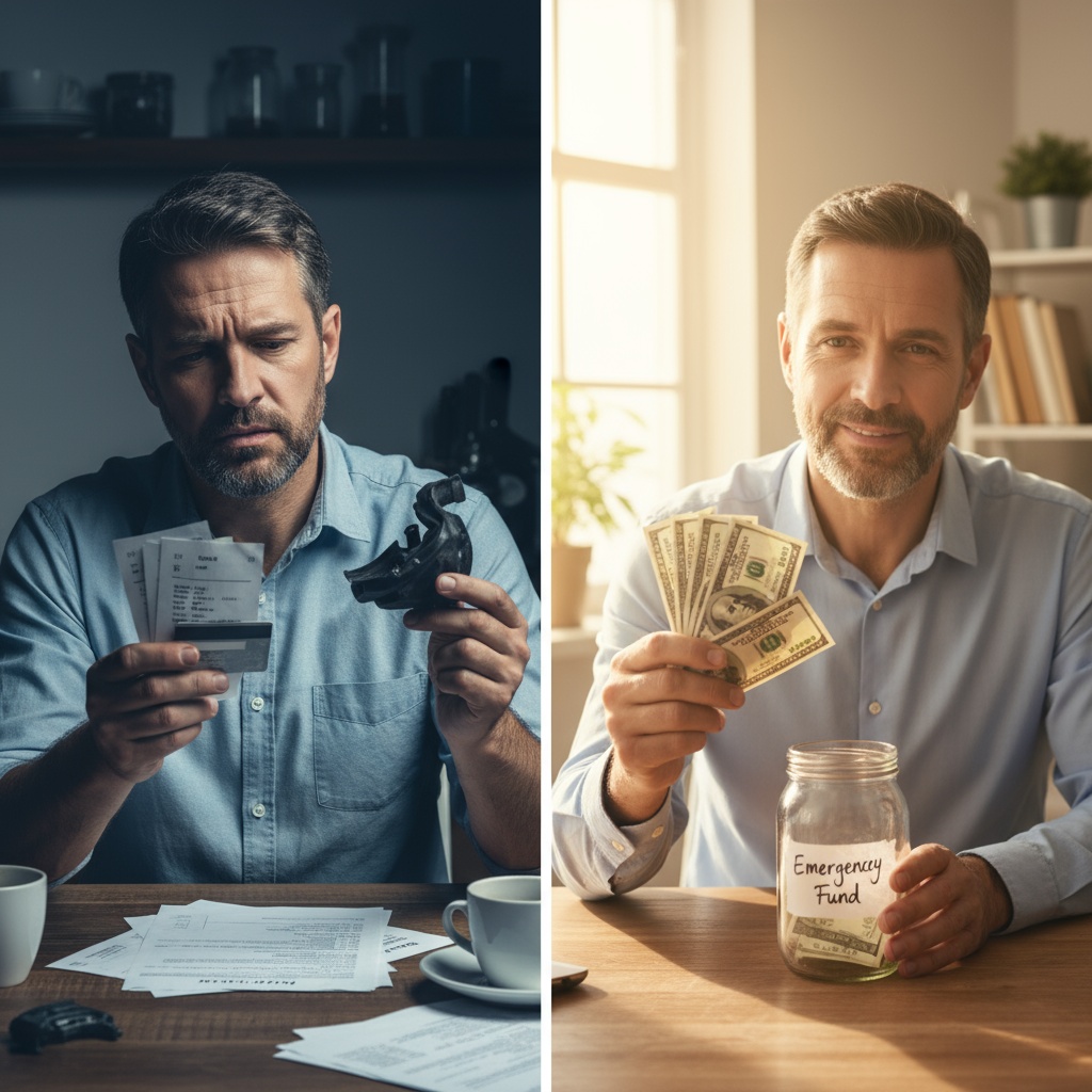 Comparison showing financial stress without emergency fund versus peace of mind with emergency savings