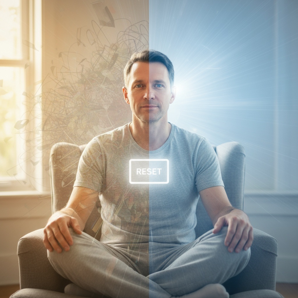 Man in his 40s demonstrating meditation as mental reset button from stress to clarity