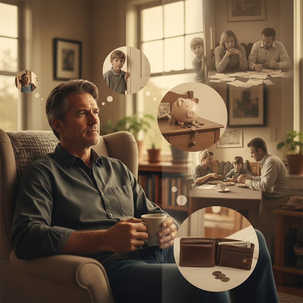 Man reflecting on childhood money memories and beliefs that shape his current financial decisions
