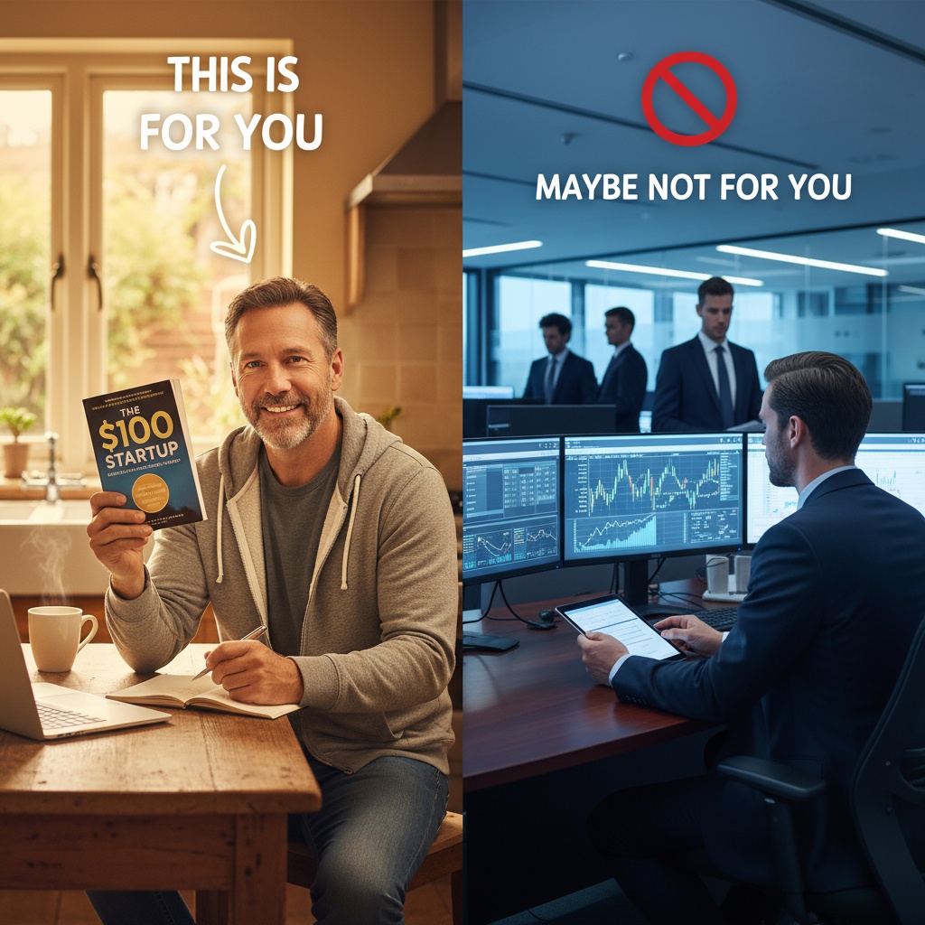 Split image showing ideal reader for The $100 Startup book - everyday man at home versus established business executive in corporate office