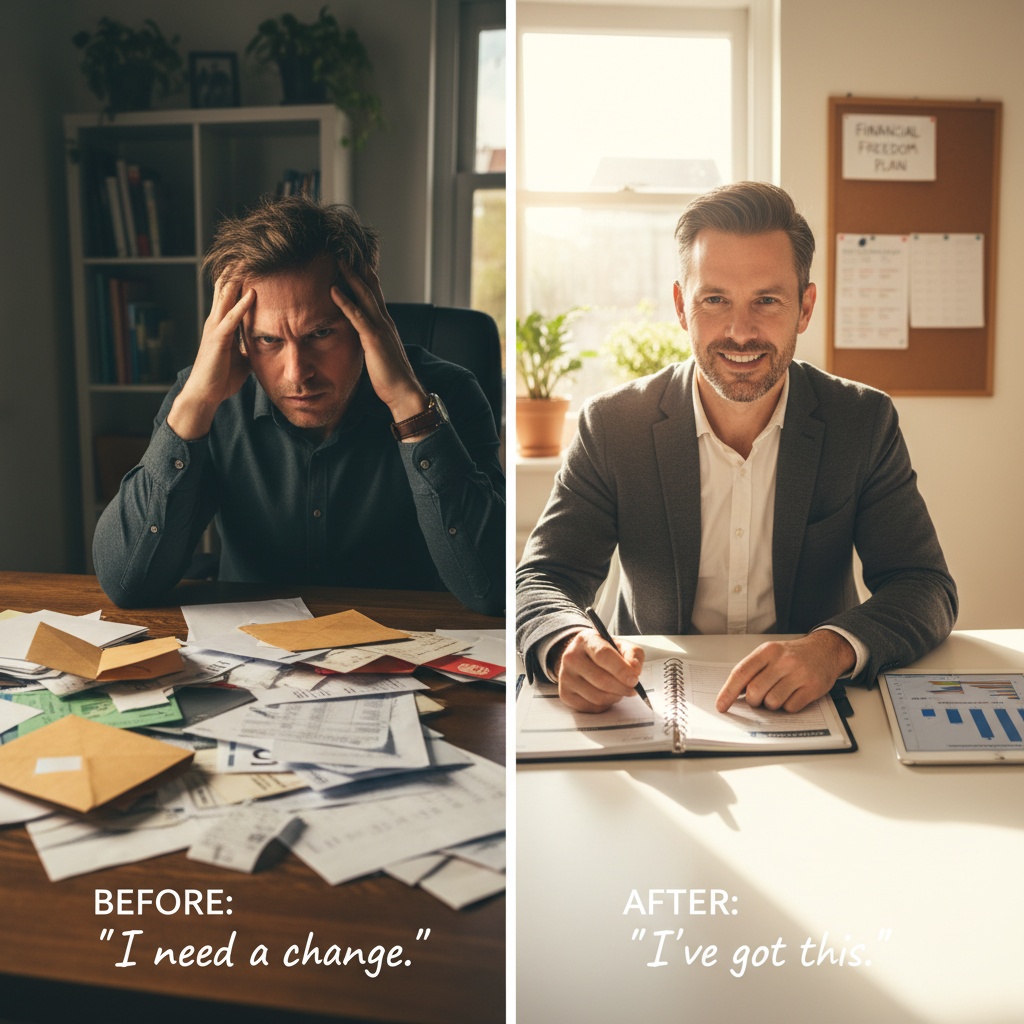 Contrast showing man overwhelmed by debt and bills versus organized with budget planner demonstrating who needs The Total Money Makeover financial advice
