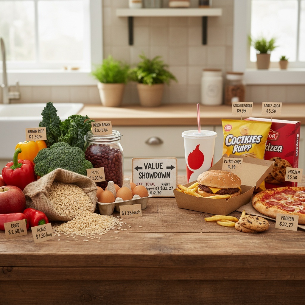 Cost comparison showing affordable whole foods like beans, rice, and vegetables versus expensive processed junk food and fast food