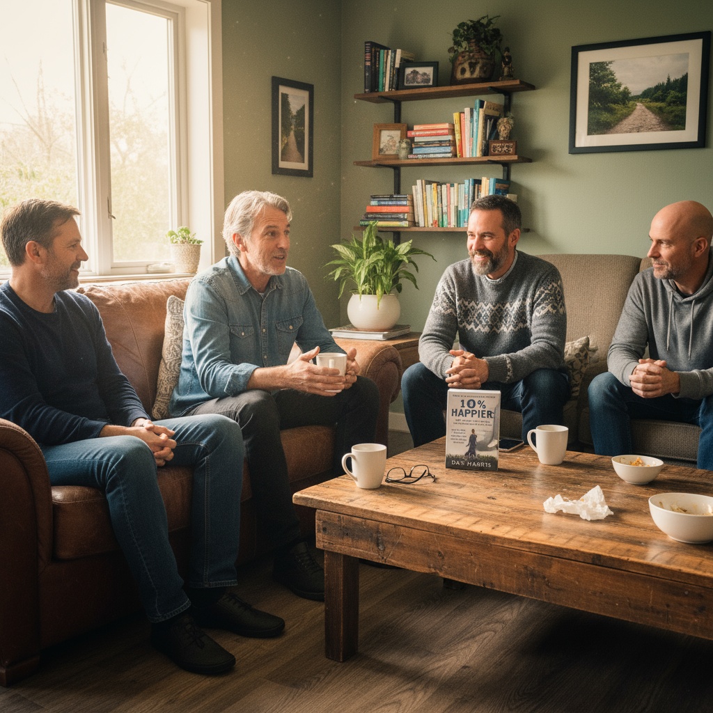 Diverse group of men in their 40s and 50s chatting in a cozy living room, with 10% Happier by Dan Harris on the table