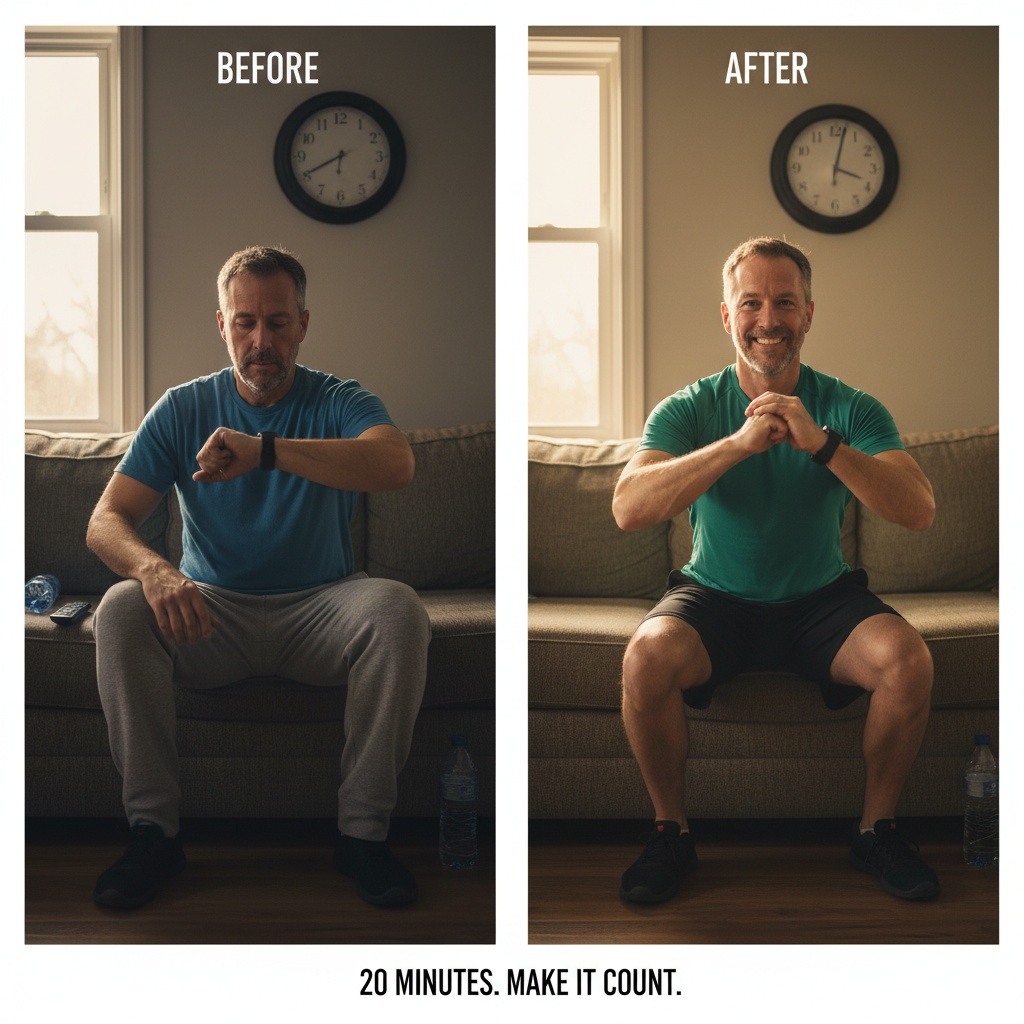 Man in his 40s transitioning from tired on couch to energized doing home workout showing effectiveness of short consistent exercise sessions