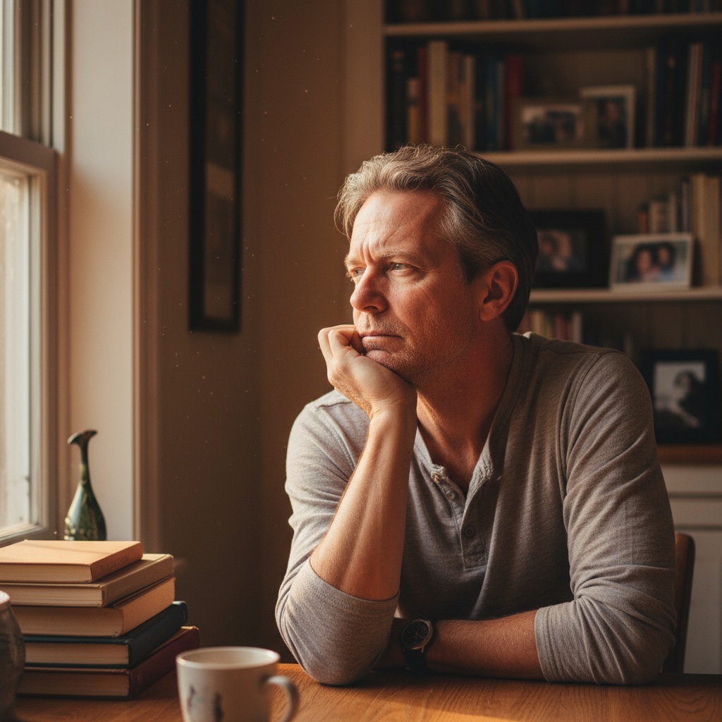 Thoughtful man in his 40s reflecting on life changes and the need for authenticity over perfectionism