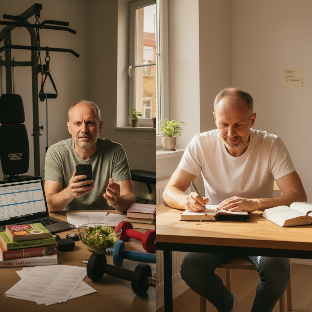 Split comparison showing overwhelmed man trying multiple habits versus focused man working on single habit change for sustainable results