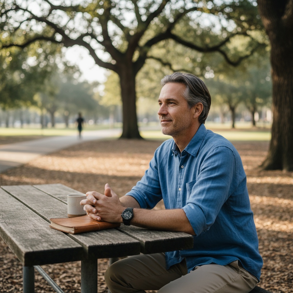 Thoughtful man in his 40s reflecting with wisdom and self-awareness - advantages of starting over in midlife