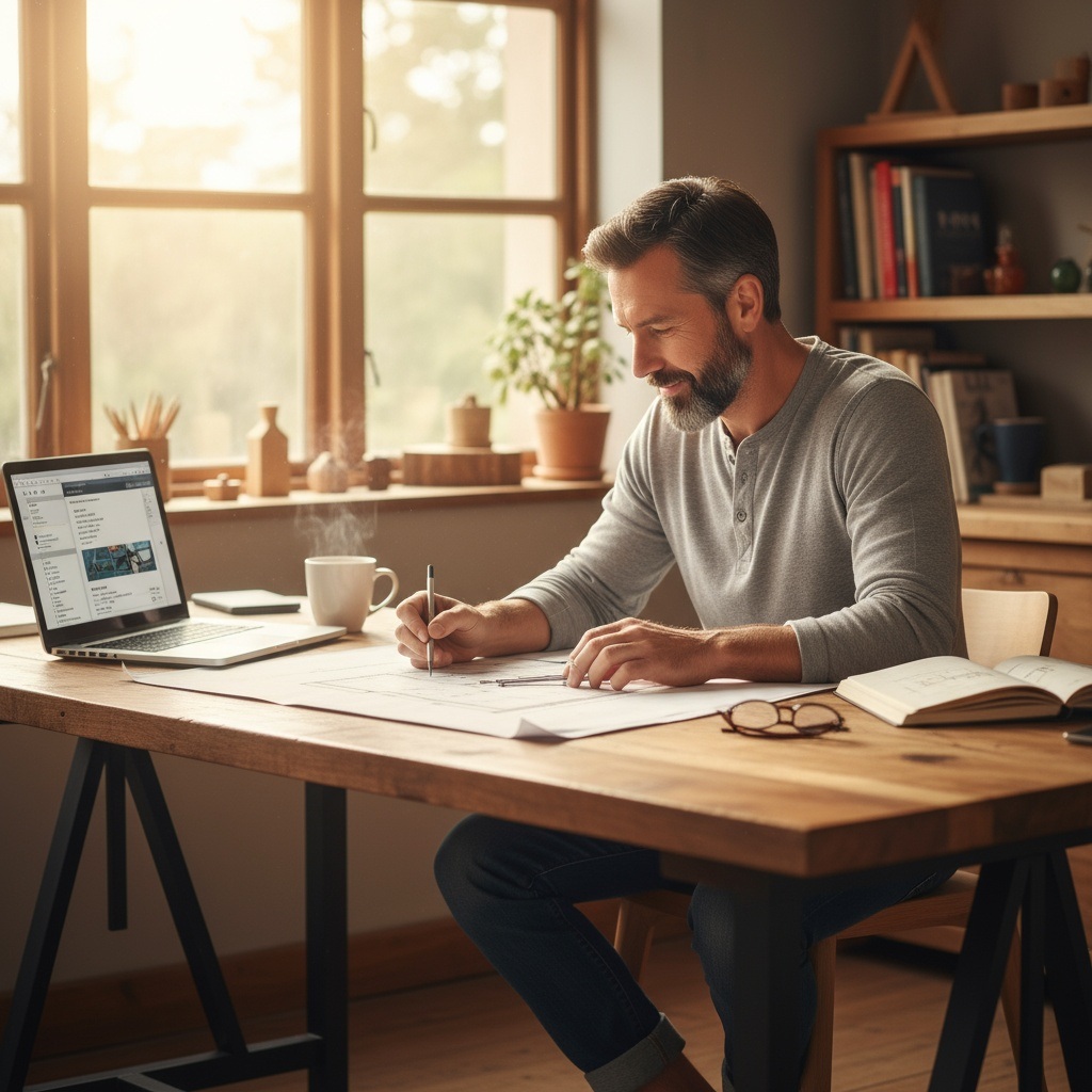 Man in his 40s working confidently on a meaningful project, demonstrating that it's not too late to follow your dreams and start something new