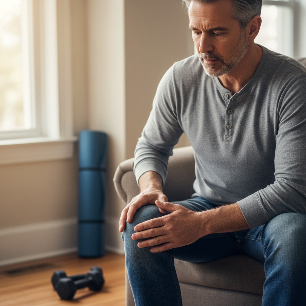 Man in his 40s examining knee joint health while considering starting fitness routine