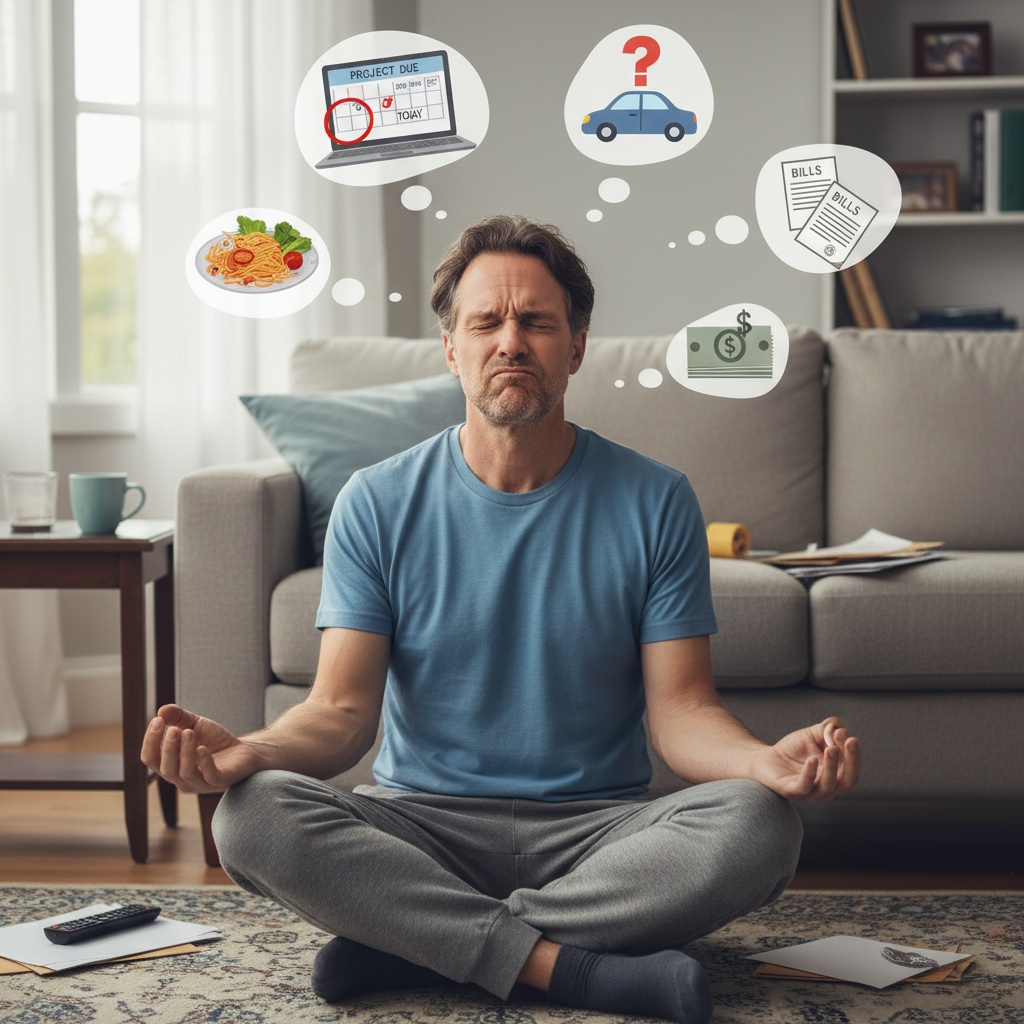 Man with racing thoughts struggling to meditate showing common meditation challenges for beginners