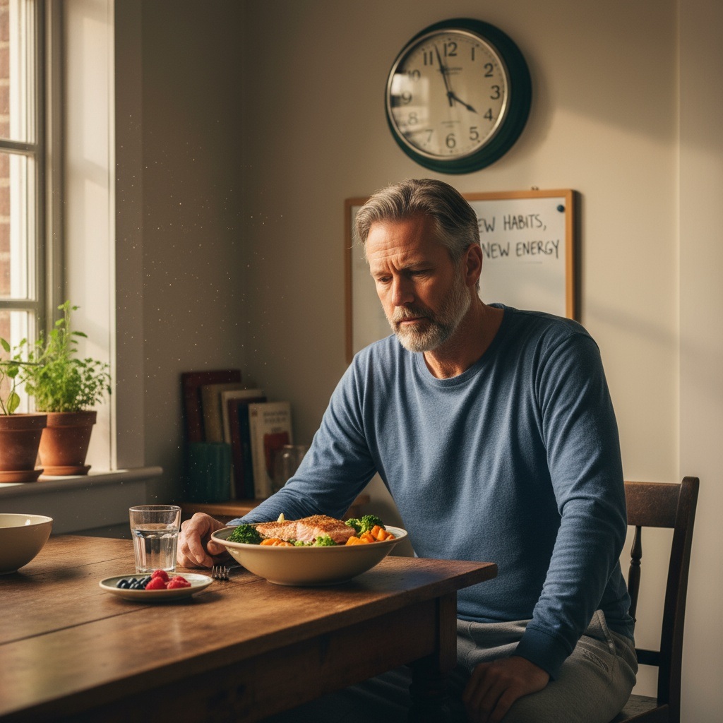 Man over 40 experiencing afternoon fatigue at kitchen table realizing importance of nutrition for energy and metabolism