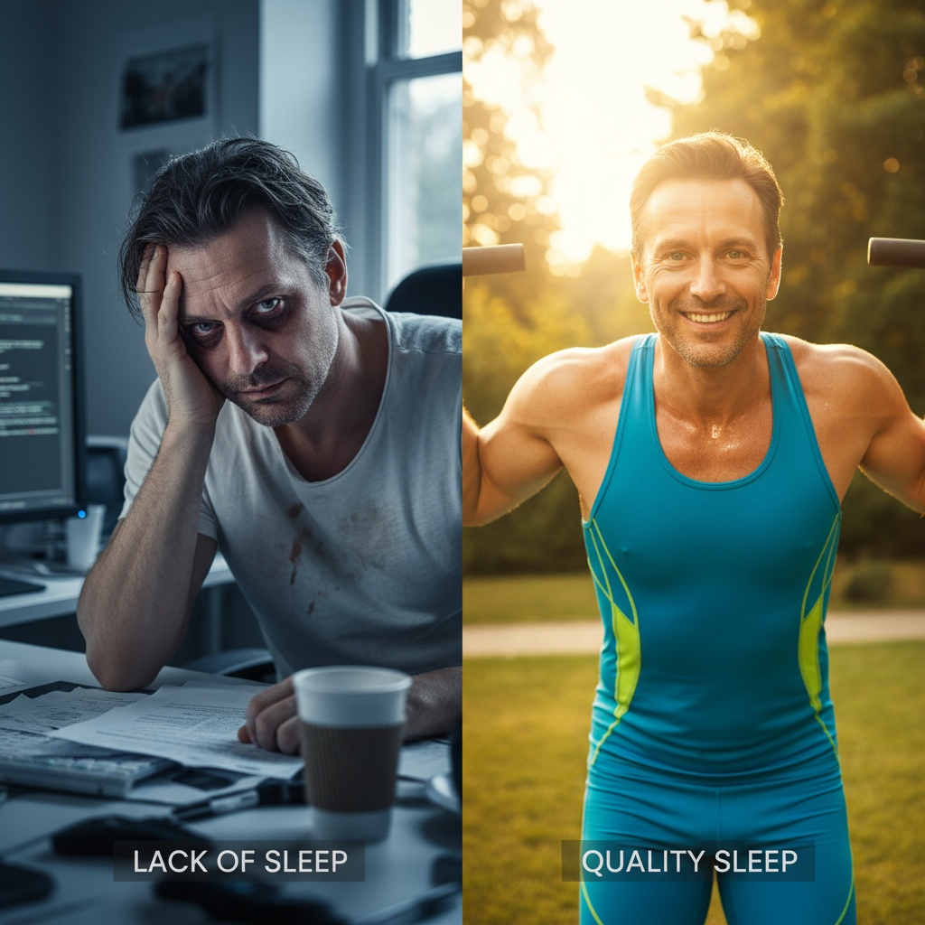 How sleep affects health for men over 40 - comparison showing sleep deprivation versus quality rest benefits on body and mind