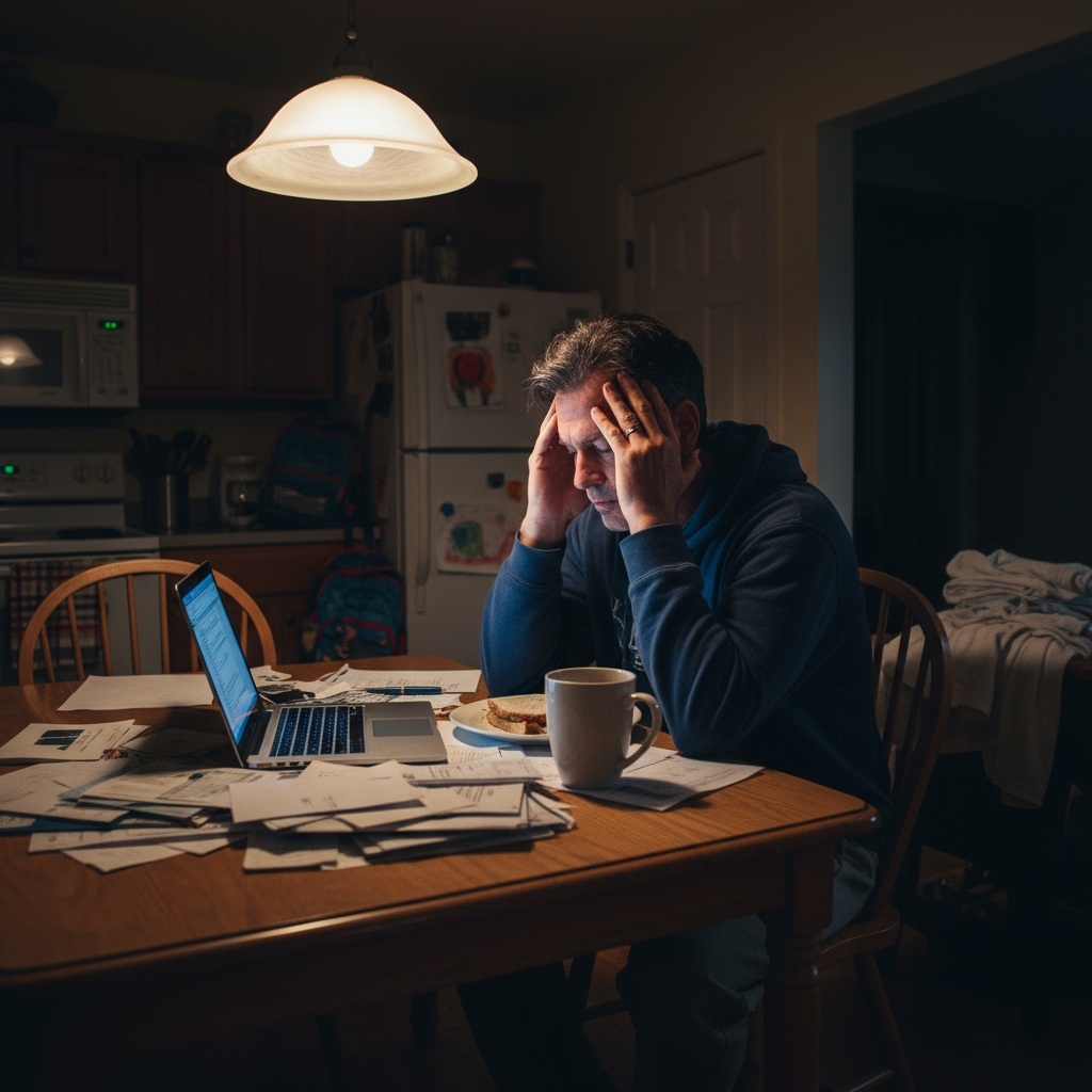 Stressed man over 40 dealing with work and financial pressures late at night - managing work stress and responsibilities