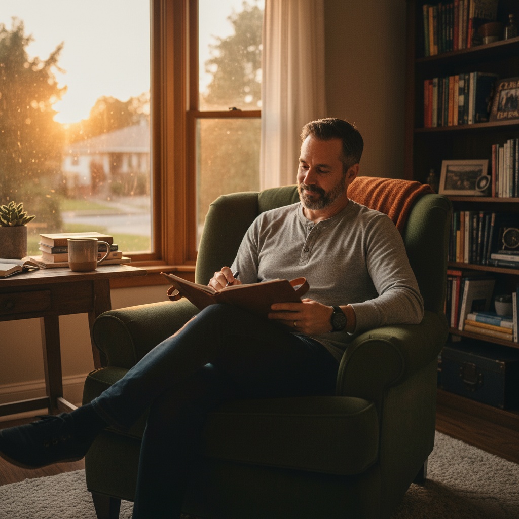 Man achieving mental clarity during Sunday evening planning routine - reducing stress through weekly reflection