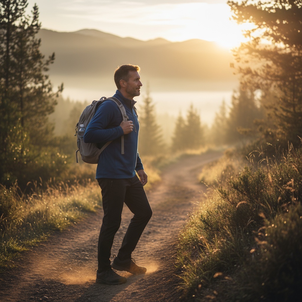 Man in his 40s taking first step on new path at sunrise - fresh start begins today, transformation and commitment after 40