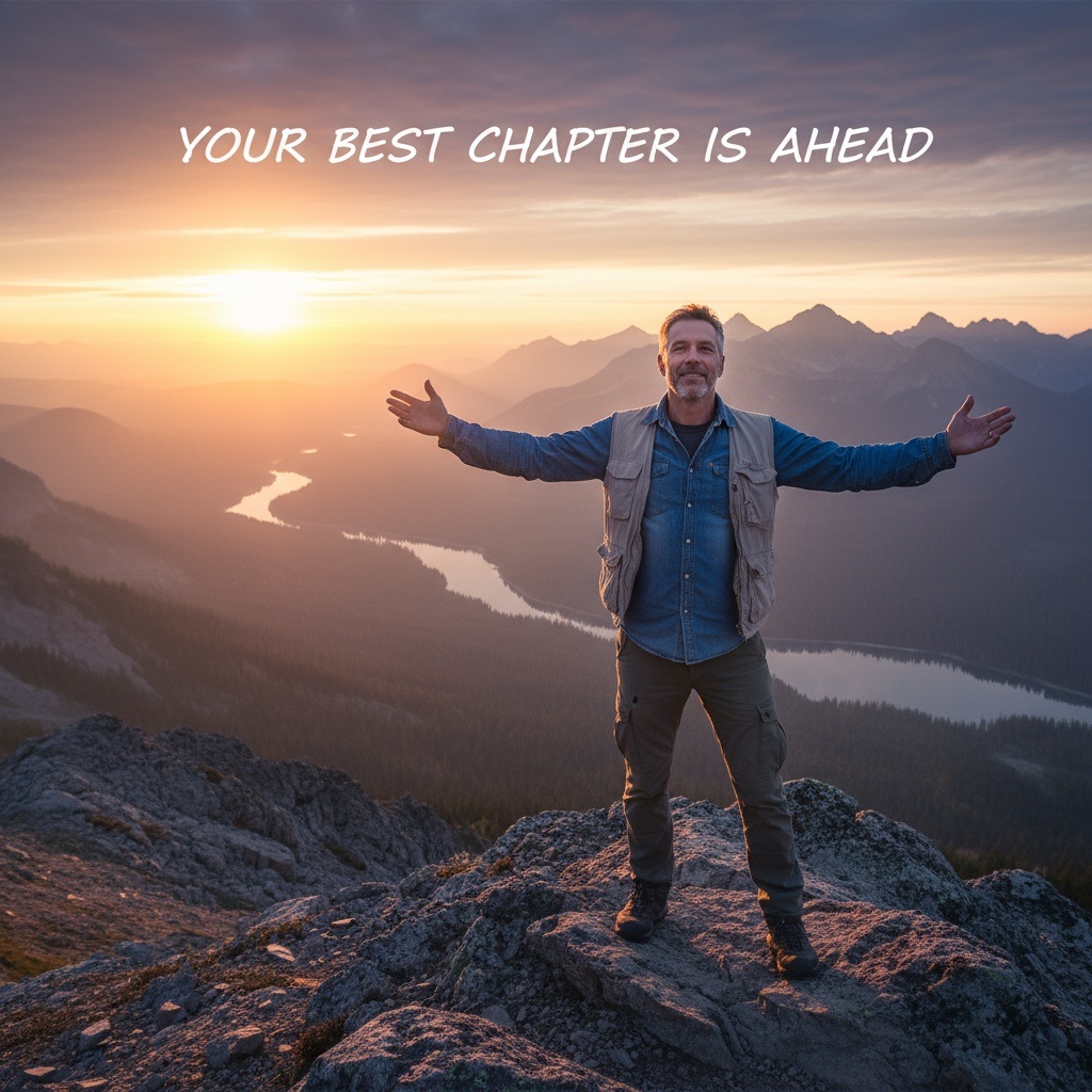 Man in his 40s standing on mountain peak looking toward bright horizon, symbolizing the beginning of a meaningful second chapter and unlimited possibilities