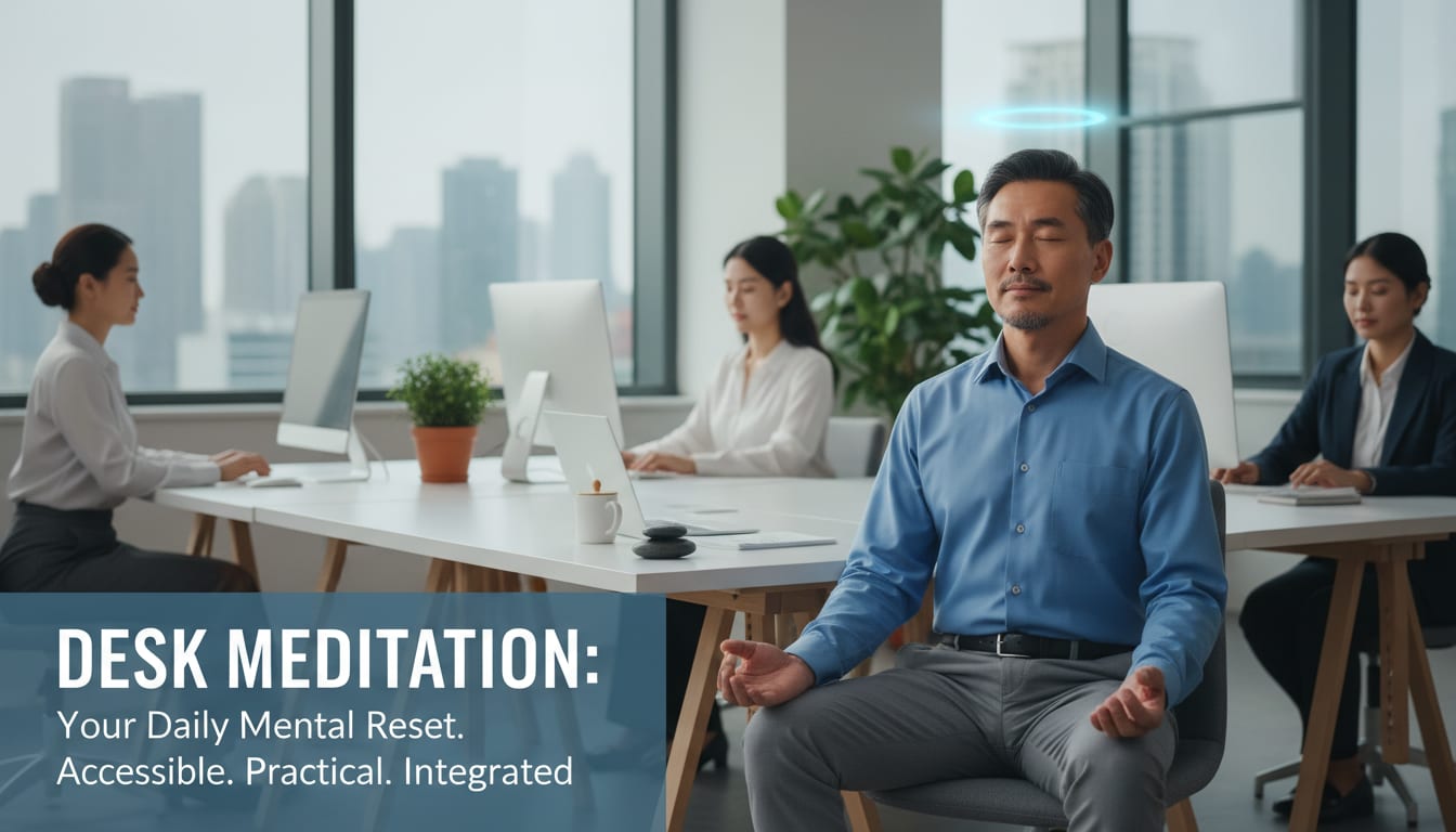 Professional man in his 40s practicing mindful desk meditation during workday with eyes closed at organized workspace
