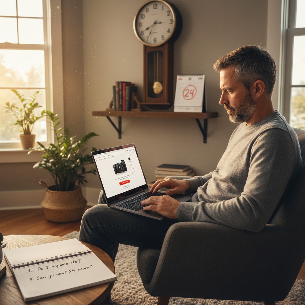 Man in his 40s pausing to consider a purchase decision, implementing the 24-hour rule before buying to avoid impulse spending