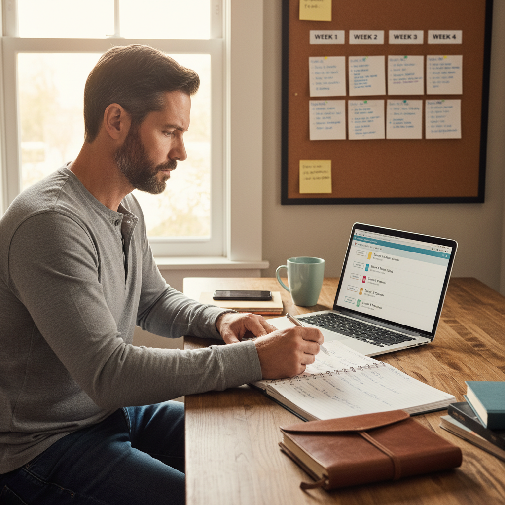 Man in his 40s planning side hustle launch with calendar and organized timeline at home office desk