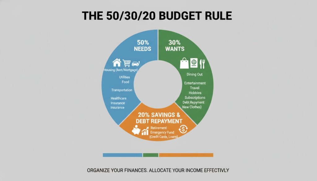 50/30/20 budget rule infographic showing needs wants and savings breakdown with icons