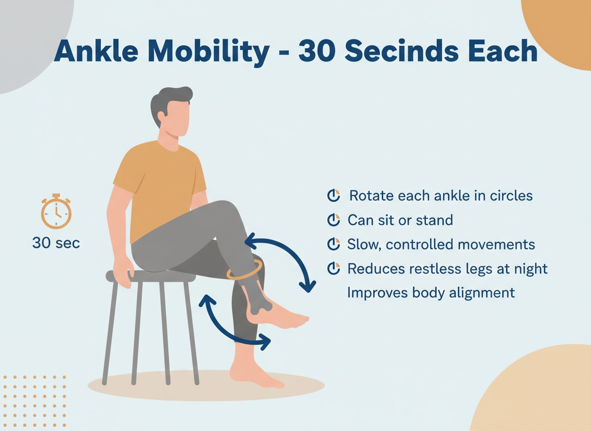 Ankle mobility exercise infographic showing circular ankle rotations with timing and benefits for men over 40