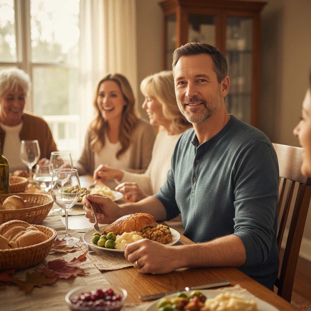 Man in his 40s enjoying Thanksgiving dinner with family without guilt or stress - the payoff of smart preparation