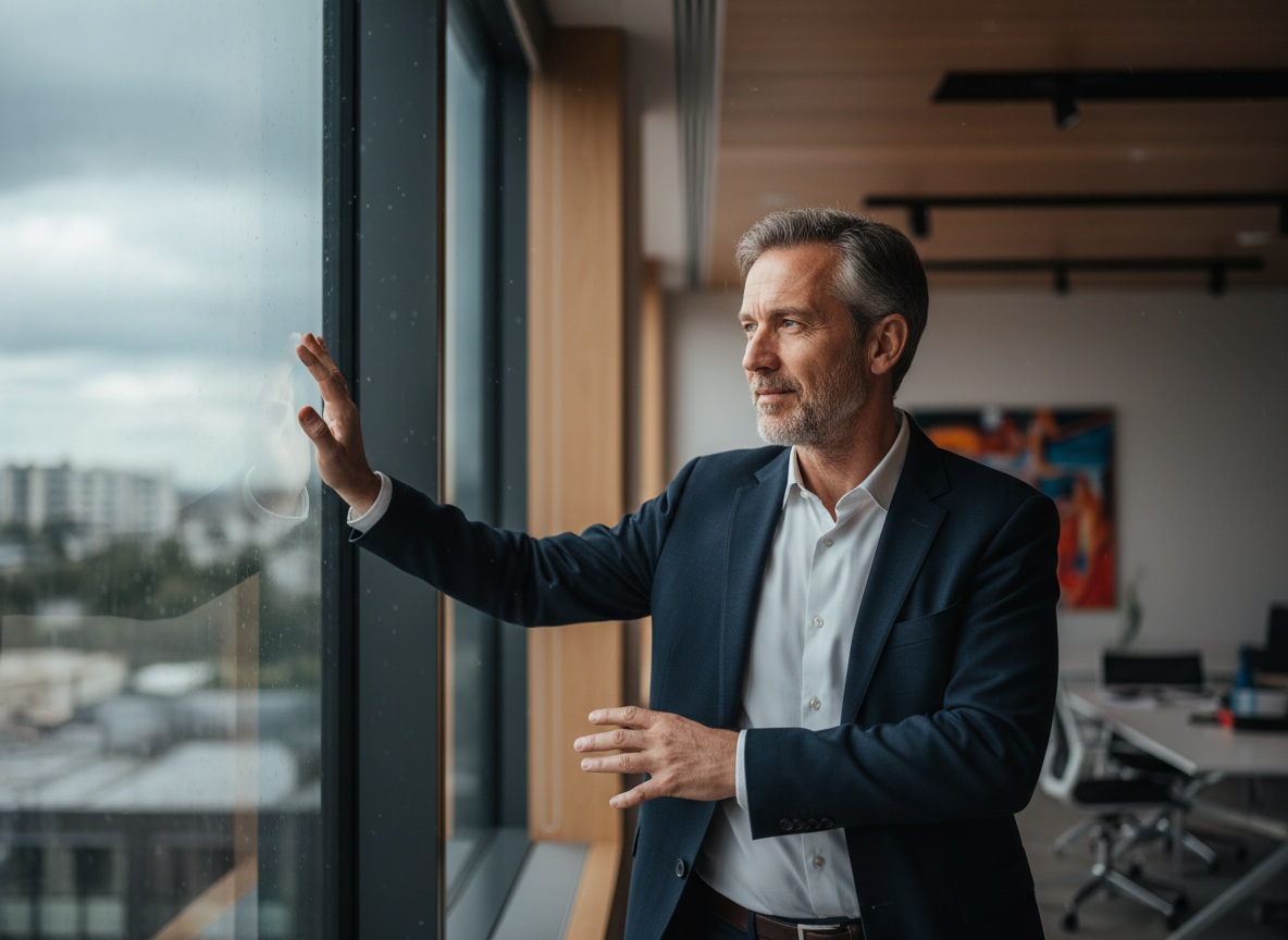 Man in his 40s experiencing breakthrough moment while contemplating by window with natural light