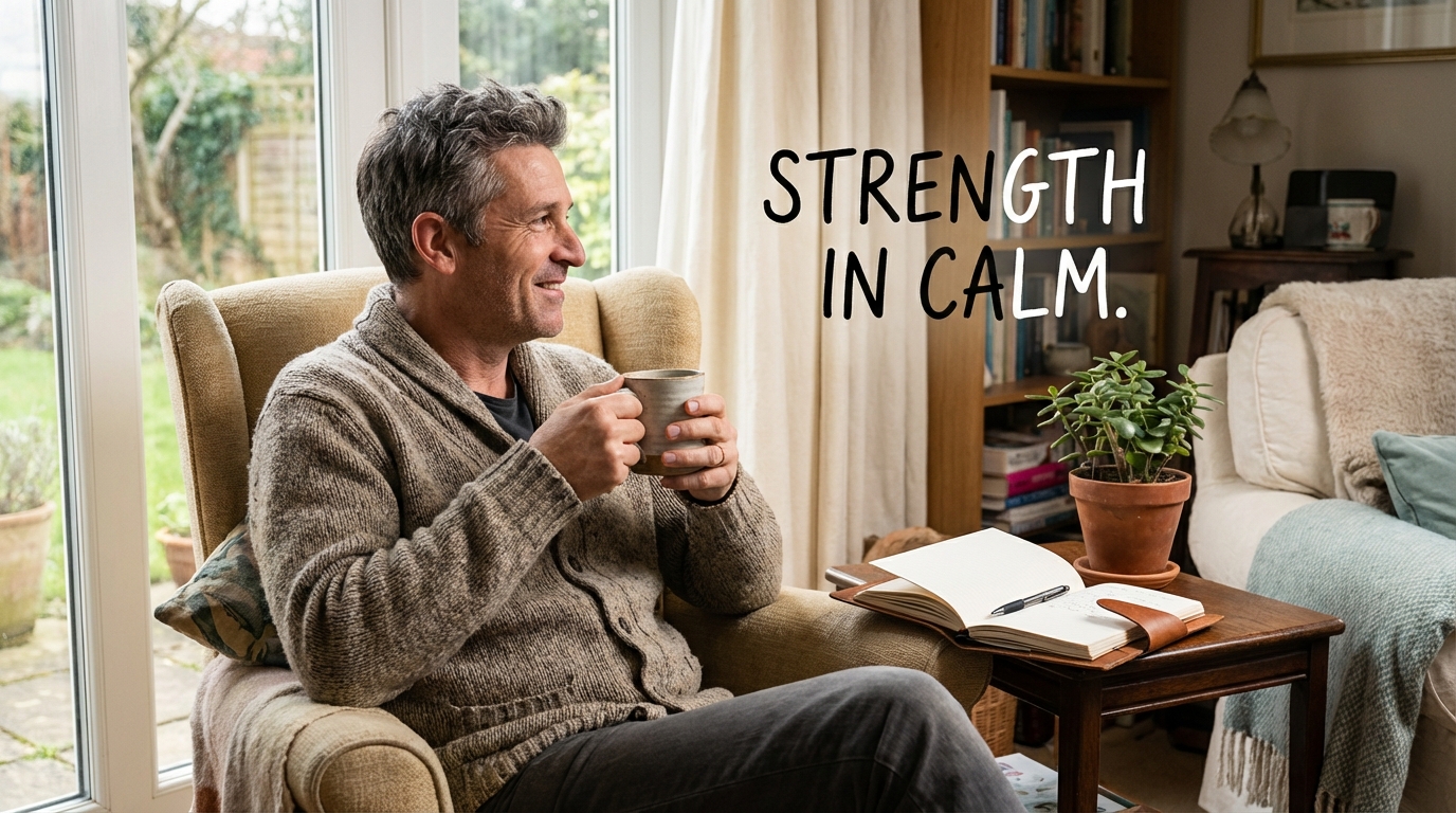Man in his 40s sitting peacefully with coffee and journal, representing breaking through mental blocks and finding clarity