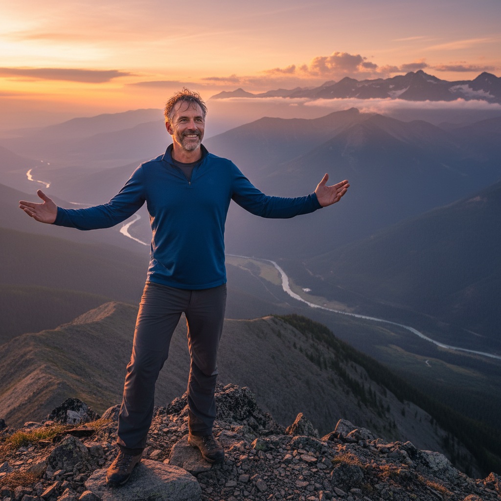 Man in his 40s at mountain summit showing successful transformation from building resilience after 40 and mental strength