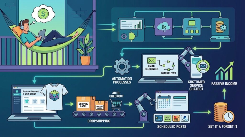Business automation examples including print-on-demand products, dropshipping, automated emails, and workflow systems generating passive income
