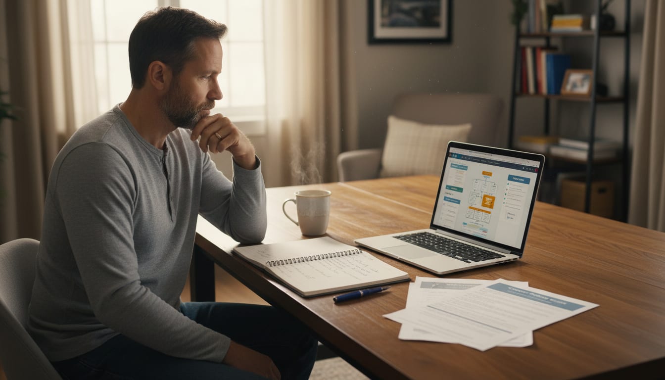 Man in his 40s planning career change at home office desk with laptop and career planning materials