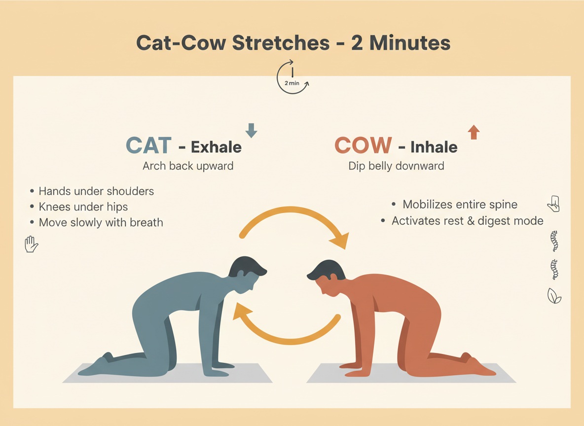 Cat-cow stretches exercise infographic showing arched cat position and dipped cow position with breathing instructions