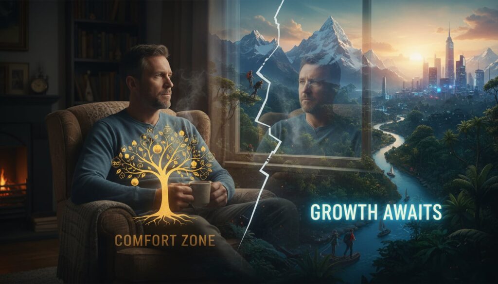 Man in his 40s sitting comfortably indoors looking out window at opportunities and growth outside