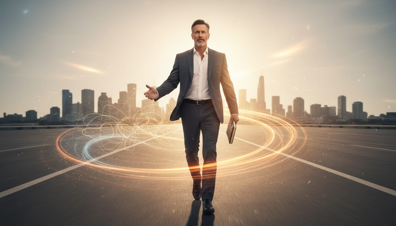 Confident man in his 40s walking forward with clarity and determination during golden hour
