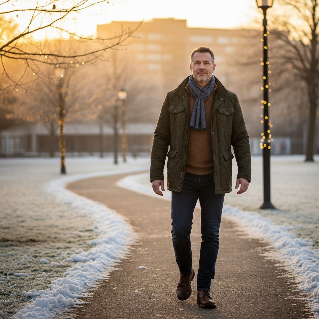 Confident man in his 40s walking outdoors with calm determination, demonstrating mental resilience and self-worth after overcoming holiday stress