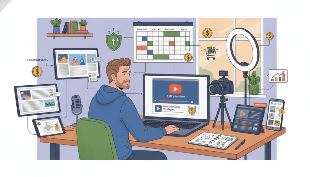 Content creation examples for passive income including YouTube videos, blog posts, podcasts, and social media platforms