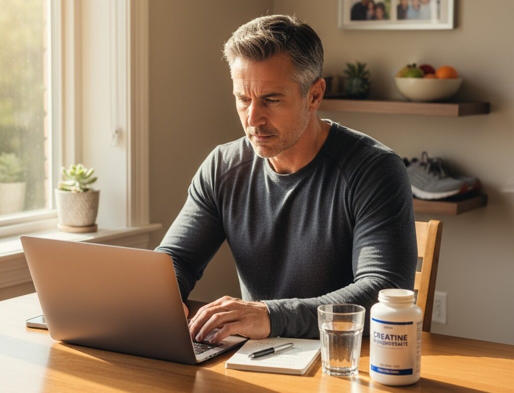 Man in his 40s working productively at home desk with creatine supplement showing improved focus and mental clarity