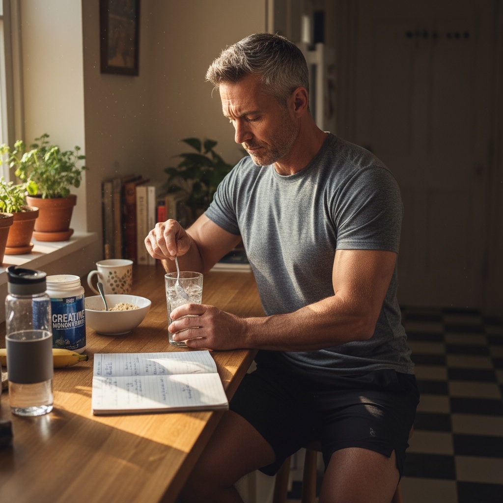 Man in his 40s mixing creatine supplement in kitchen for brain health and cognitive benefits