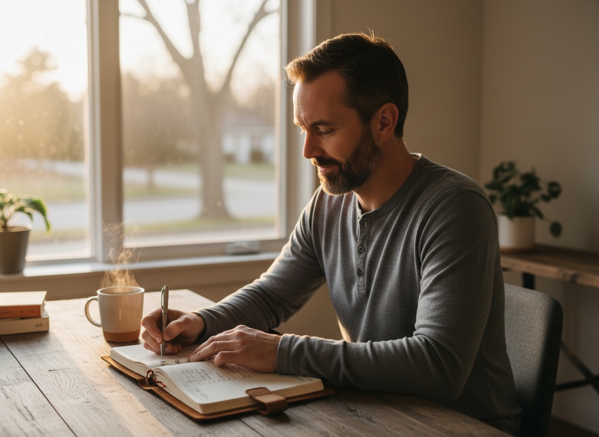 Man in his 40s practicing morning clarity routine with journal and coffee at sunrise