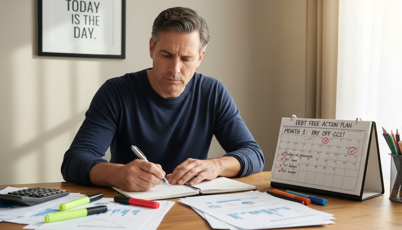 Man in his 40s writing his debt elimination action plan with checklist, calendar, and commitment to taking first steps