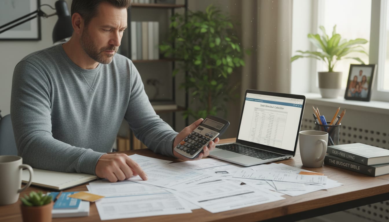 Man in his 40s planning debt elimination strategy with calculator and financial documents at home office desk