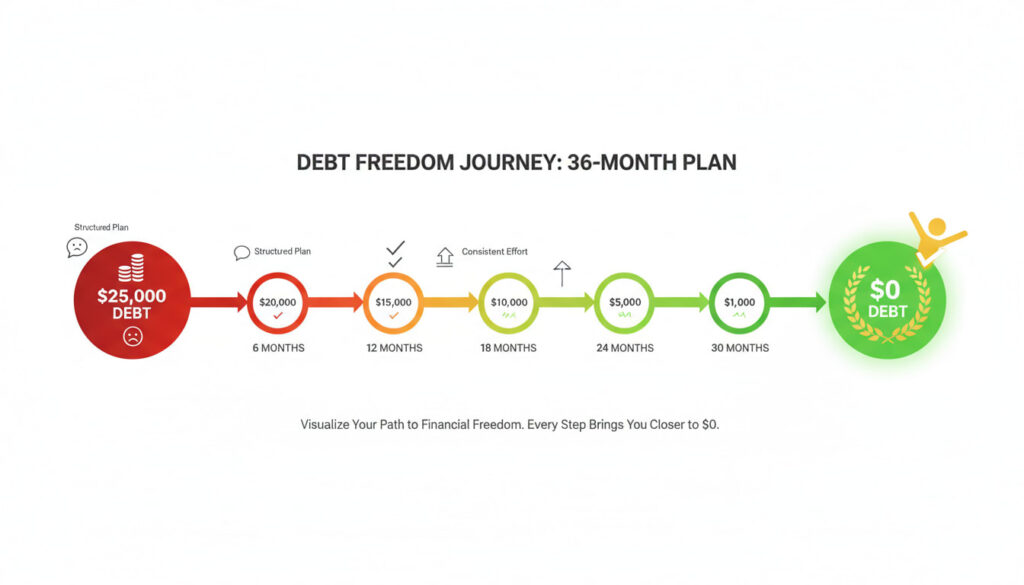 Visual timeline showing debt elimination journey from $25,000 to debt free over 36 months with milestone markers