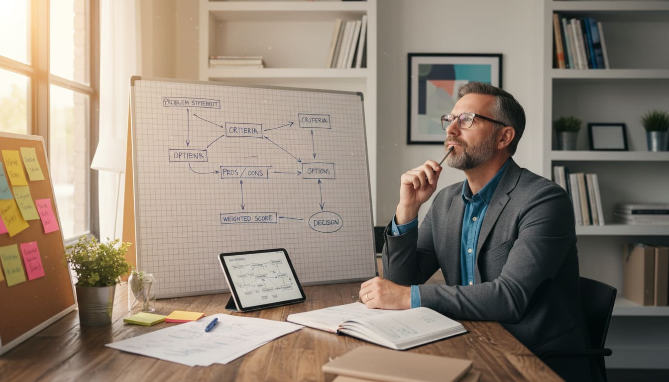 Man in his 40s making decisions using decision-making framework at organized desk with morning light