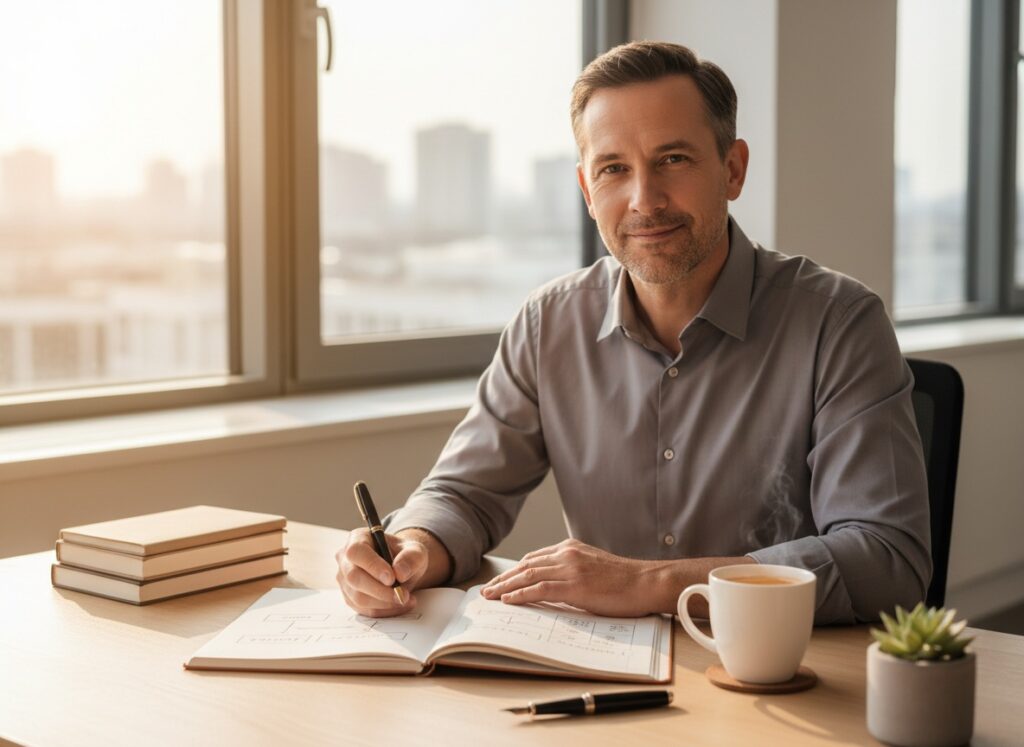 Confident man in his 40s using structured decision-making framework with notebook at organized desk