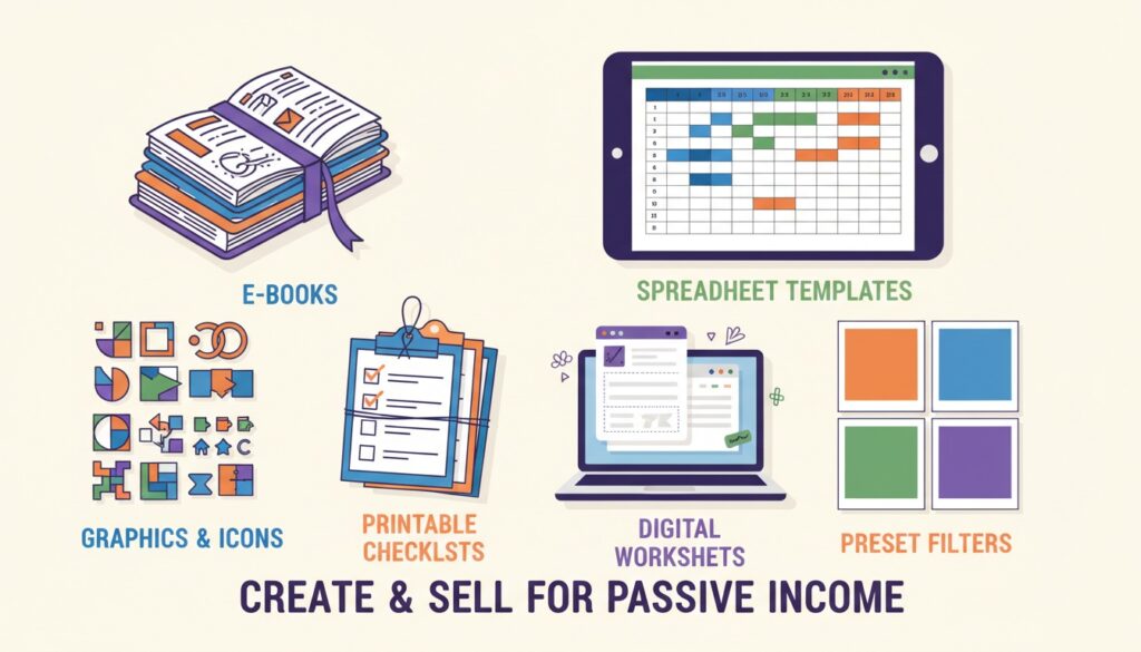 Examples of digital products for passive income including ebooks, templates, spreadsheets, checklists, and worksheets