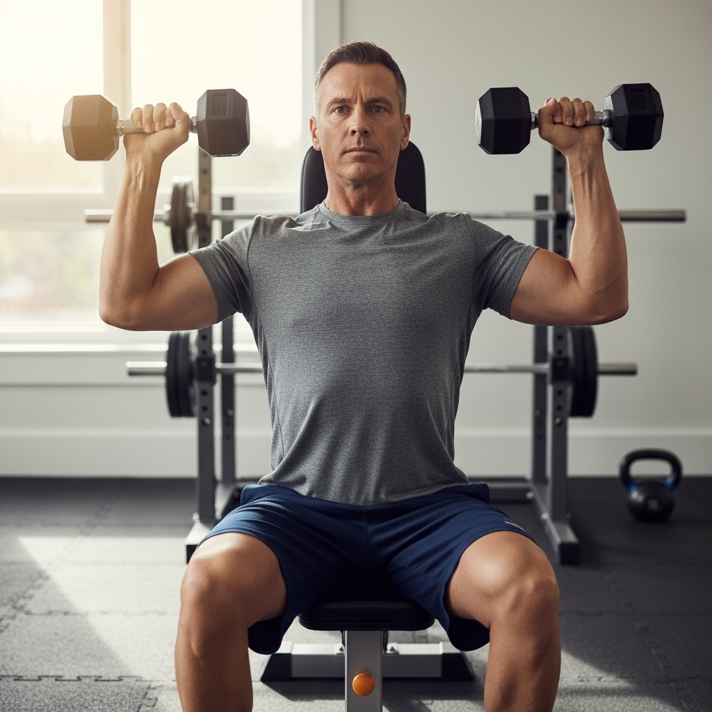 Man in his 40s demonstrating proper dumbbell shoulder press form seated on bench pressing weights overhead